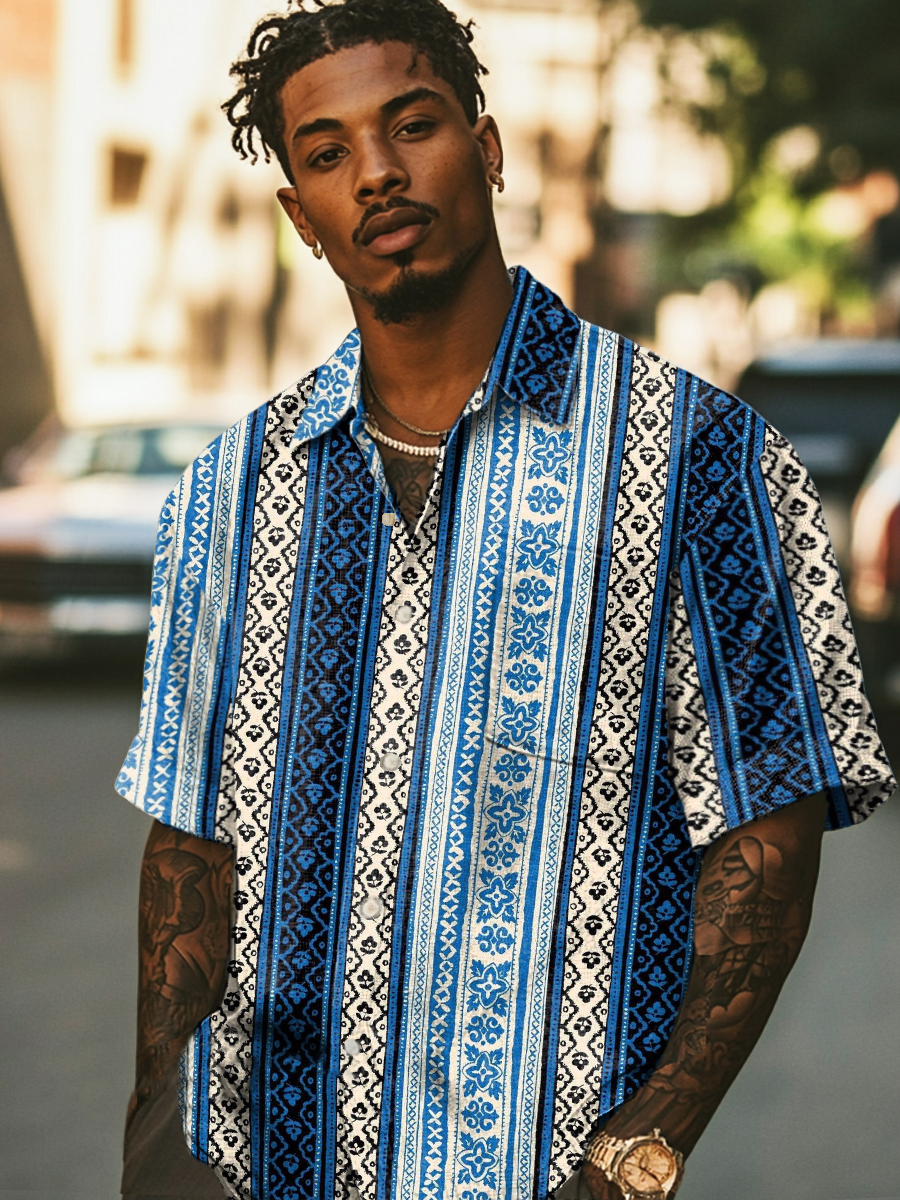 Bohemian Retro Stripes Art Prints Casual 100% Cotton Shirt