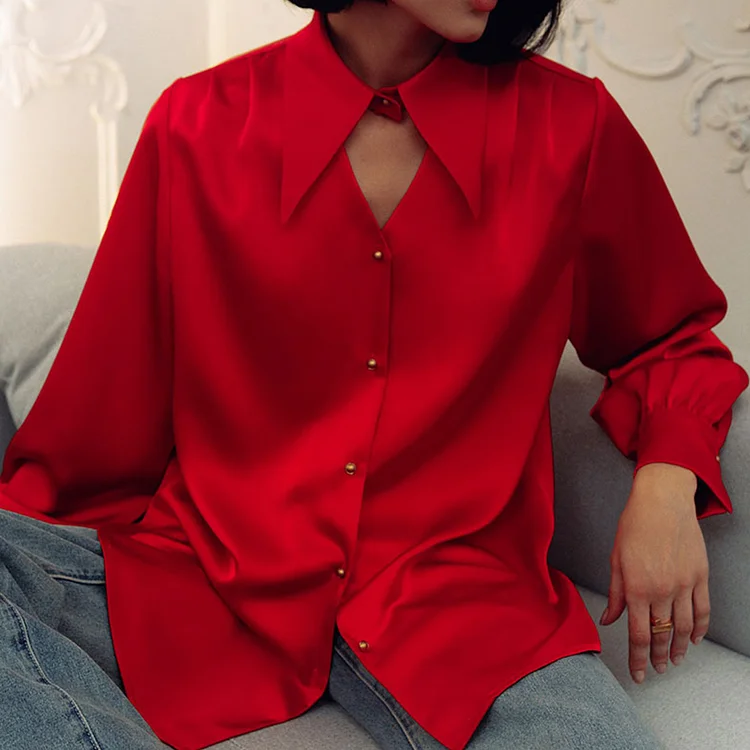 Elegant Bow Tie Neckline Cut Out Long Sleeve Satin Blouse