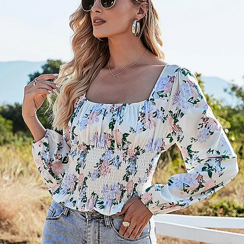 Flower Print Stretchy Shirt Summer Sweet Ruffle Square Neck Cropped Blouses With Pads Women Padding Crop Tops