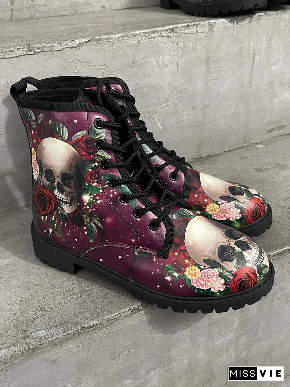 Floral Street All Season Printing Party Low Heel Lace-Up Non-Slip Classic Boots Boots for Women