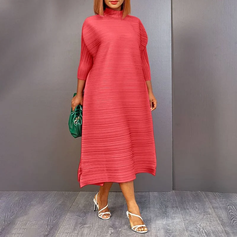 VONDA Casual Dress Women Spring High Neck Office Midi Dress 2022 Ladies Side Slit 3/4 Sleeve Solid Vestido Feminina A-Lined Robe