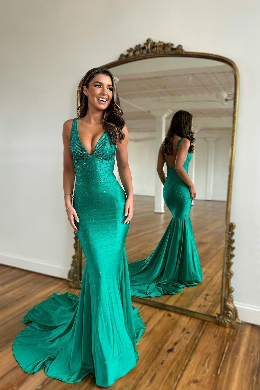 Green Prom Dress Wide Shoulder V Neck Long Mermaid Beads YL0117