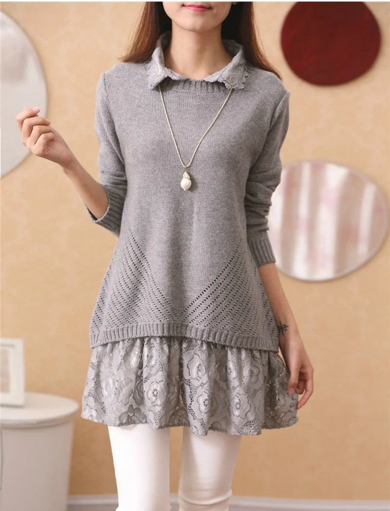 NiceMix Sweet Pullover Sweater Women 2020 Autumn Casual Sweater Lace Dress Set Back Hollow Out Bow Patch Plus Size Long Sweaters