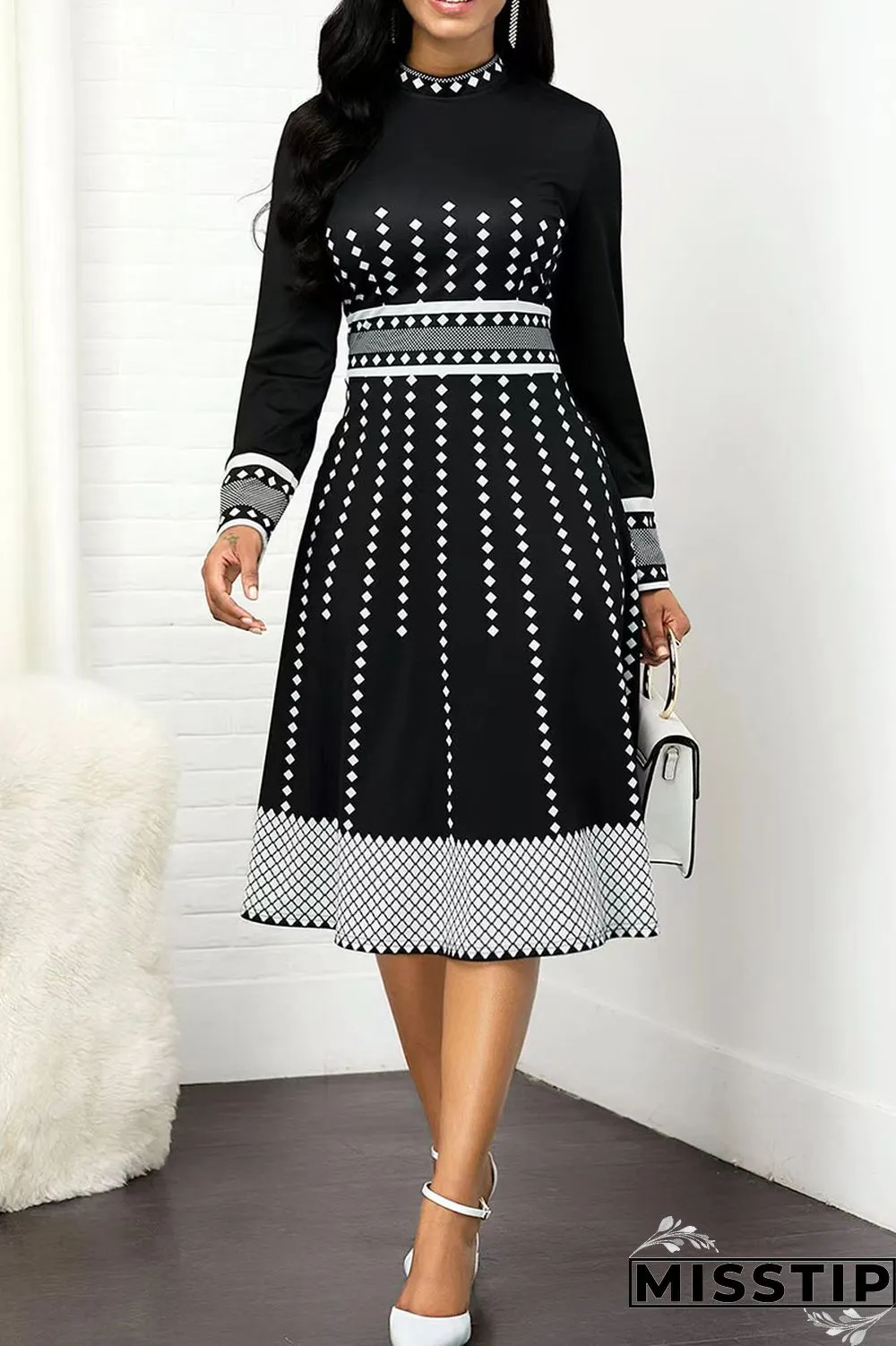 Olive Green Casual Print Polka Dot Patchwork O Neck A Line Dresses