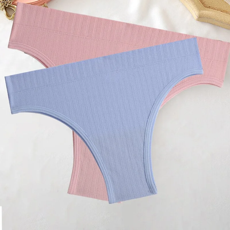 FINETOO 2PCS/Set M-XL Women Seamless Pantys 9 Solid Colors Sexy Brazilian Panties  Midi-Waist Underpants For Girls Fashion Thong