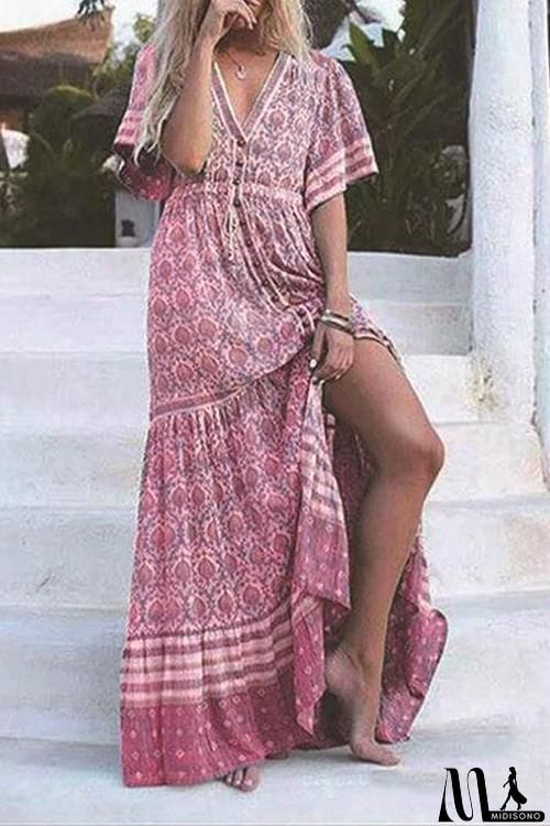 MidiSono - Print V Neck Short Sleeve Maxi Dress