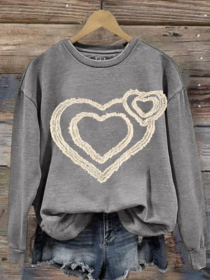 Women'S Heart Print Long Sleeve Sweatshirt