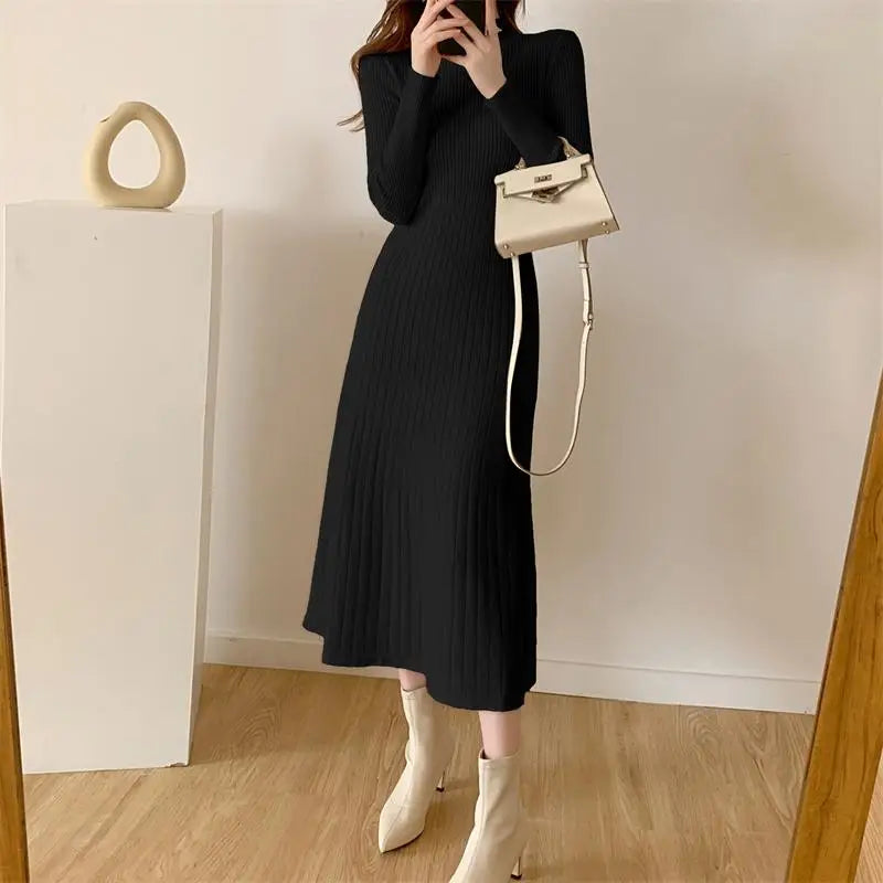 Aiertu Autumn Winter Long Sleeve Party Dress Women Button Knitted Mid-calf  Half High Collar Elegant Knitted Sweater Dresses Ladies Aiertu