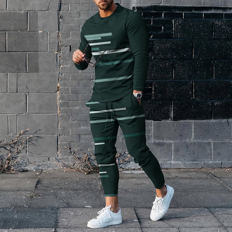 BrosWear Men's Geometric Lines Casual Long Sleeve T-Shirt And Pants Co-Ord