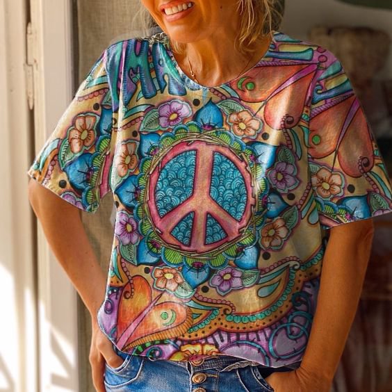 Hippie Frieden Print Casual Crewneck T-Shirt
