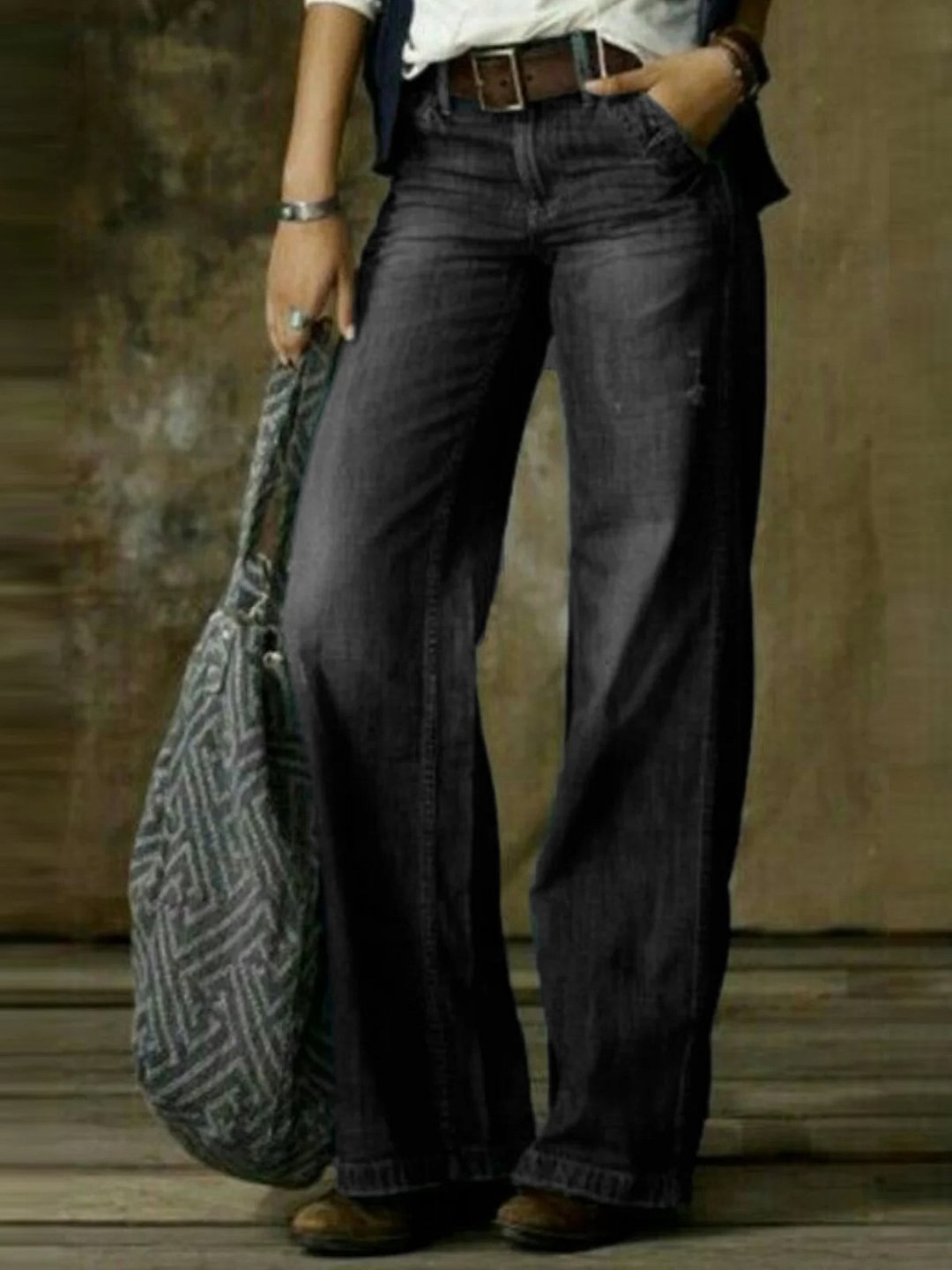 Retro Fashion Casual Straight Wide Leg Women's Washed Jeans