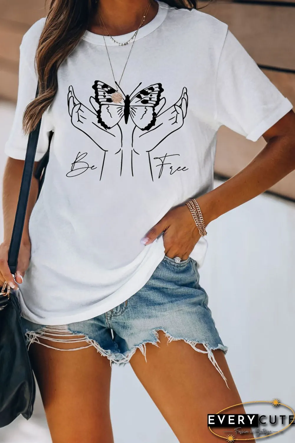 White Be Free Gesture Butterfly Print Short Sleeve Graphic Tee