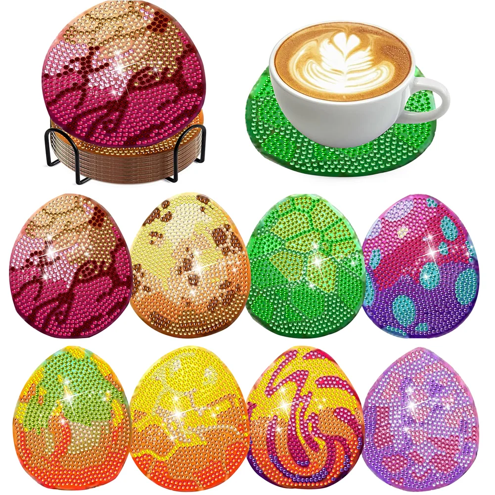 8Pcs Easter Eggs Wooden Diamond Art Coasters DIY Coaster Diamond Dot Kits