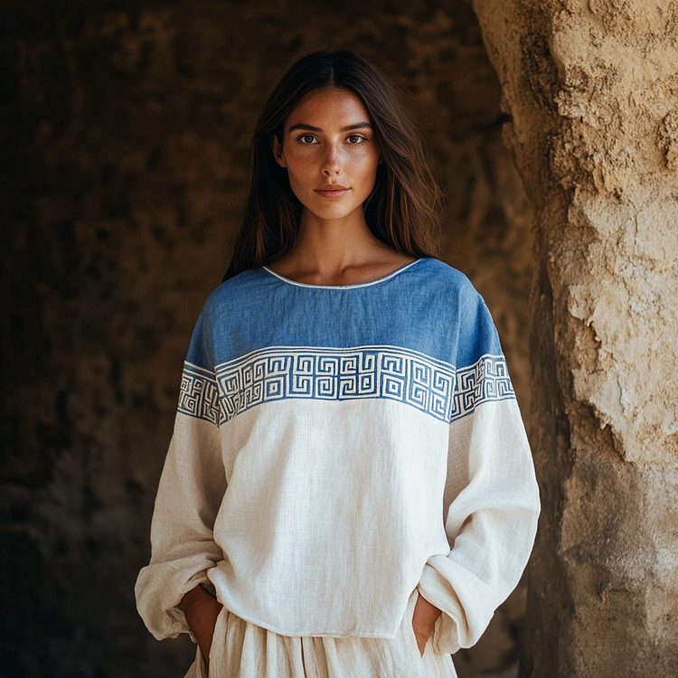 Vintage Greek Key Art Embroidered Linen Blend T-shirt