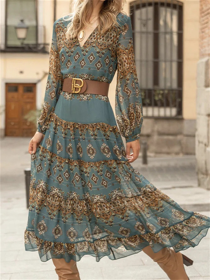 Fashion Long Sleeve Lantern Sleeve V-neck Waist Slimming A Word Baroque Print Dress Elegant Ruffled Big Swing Dress Long Skirt