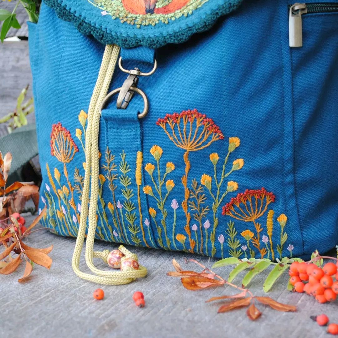 Embroidery Linen Backpack "Fox under the moon"