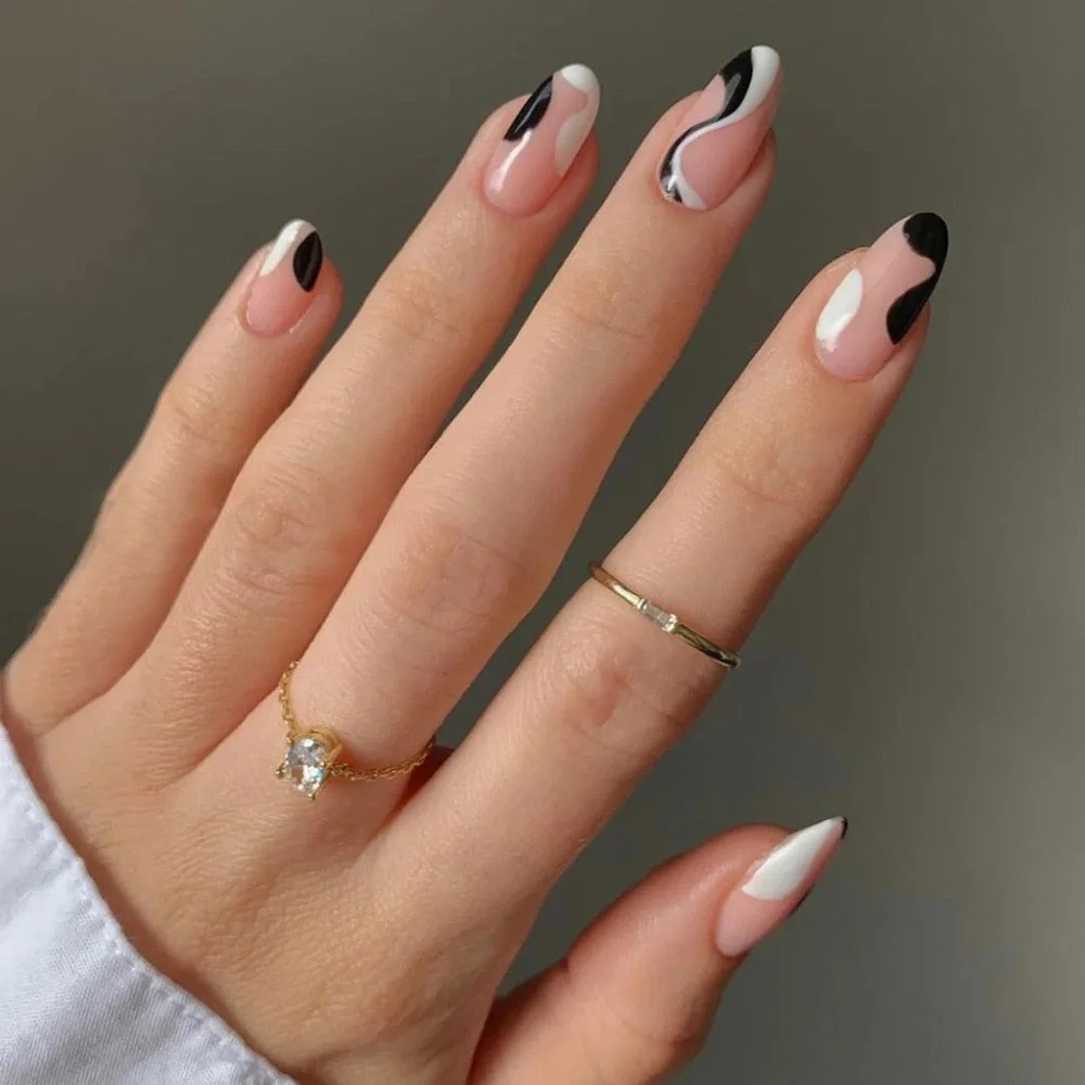 24pcs Detachable Blue Wave White Line Matching False Nail Full Cover Fake Nails DIY Glue Press On Nails Wearable Nail Patch-Nail Inspo