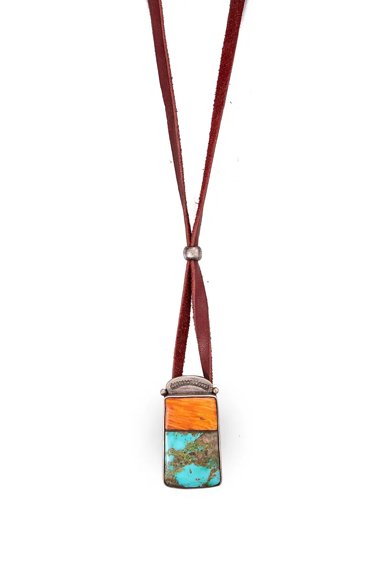 Necklace, Leather Thong, Natural Turquoise, & Orange Spiny Oyster, Jock Favour, 1143
