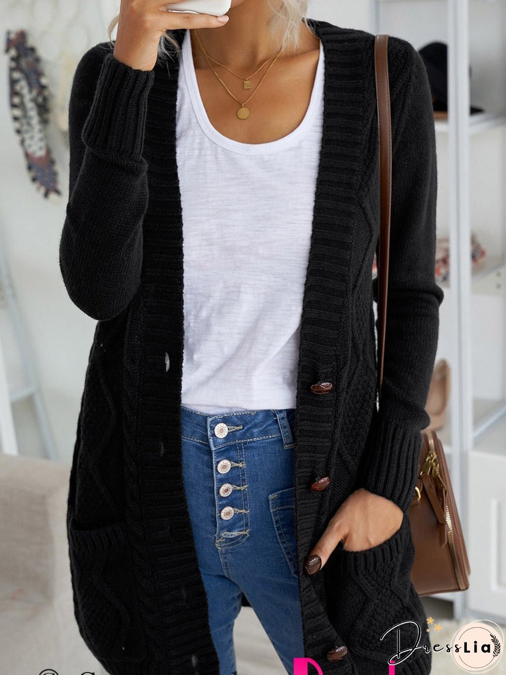 Cozy Black Knit Cardigan with Button-Up Front and Pockets