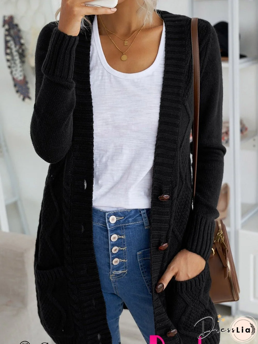 Cozy Black Knit Cardigan with Button-Up Front and Pockets