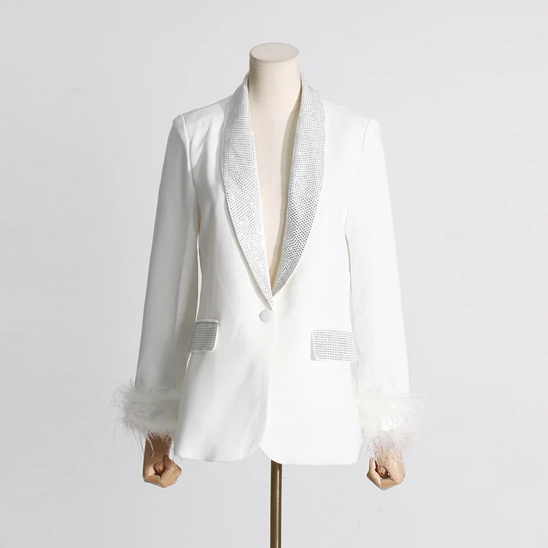 Toloer Toloer New Temperament Top Collar With Diamond Design Sense Cuff Stitching Ostrich Hair Long Sleeve Suit Spring Style-Outfit Ideas