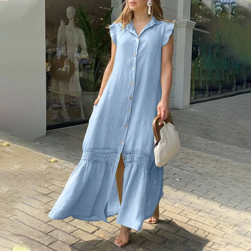 Women Tank Sundress Fashion 2022 Celmia Casual Flare Sleeve Solid Shirt Dresses Summer Single Breast Lapel Cotton Long Maxi Robe