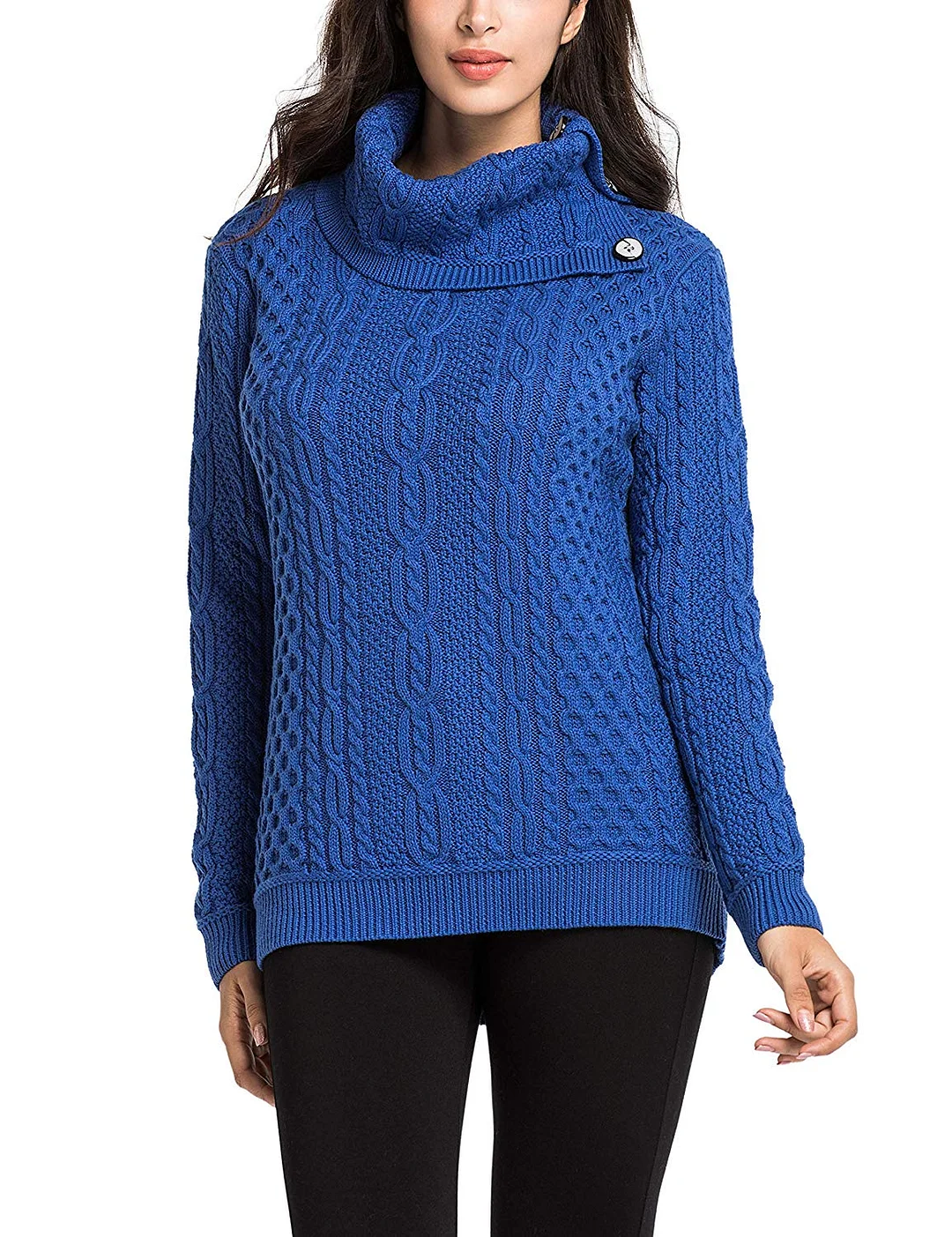 Women's Turtleneck Sweater Cable Knit Button Tunic Pullover Tops