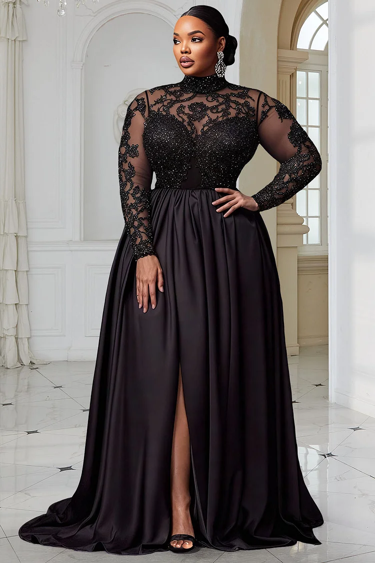 Xpluswear Design Plus Size Formal Black Mock Neck Long Sleeve Split Elegant Sequin Satin Maxi Dresses [Pre-Order]