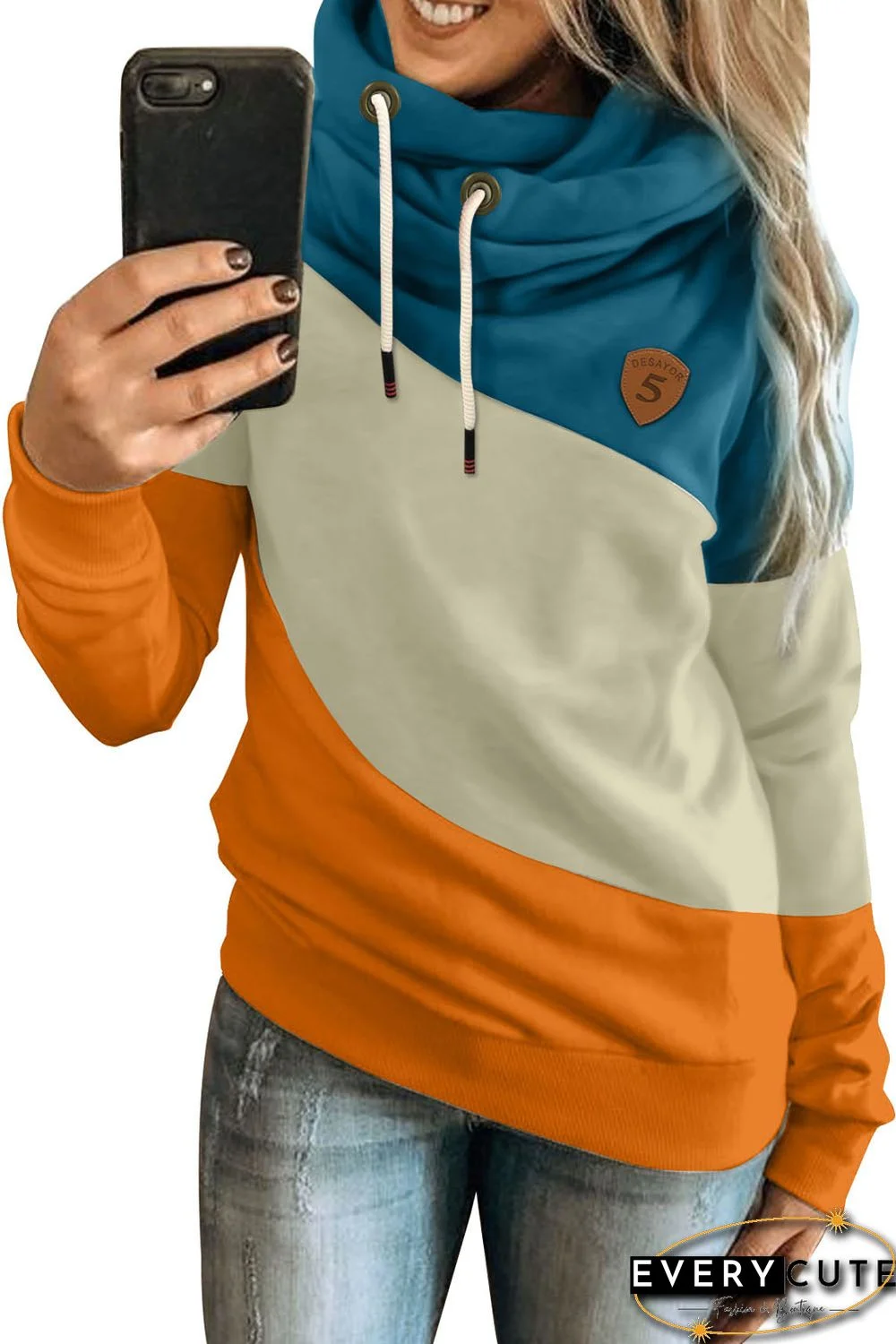 Orange Colorblock Cowl Neck Pullover Hoodie