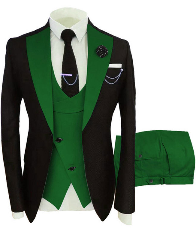 Formal Chain Colorblock Turndown Collar Blazer & Vest & Pant 3Pcs Set 2XS-7XL