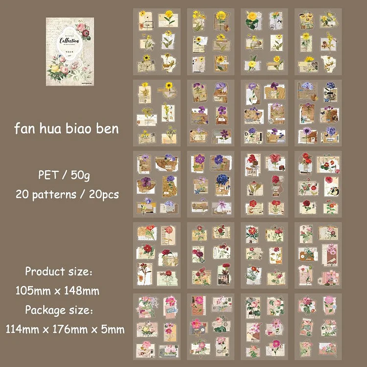Journalsay 20 Sheets Vintage Character Flower PET Material Sticker Book