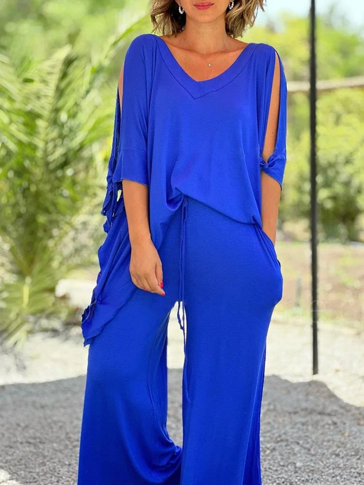 Women Half Sleeve V-neck Solid Color Dress