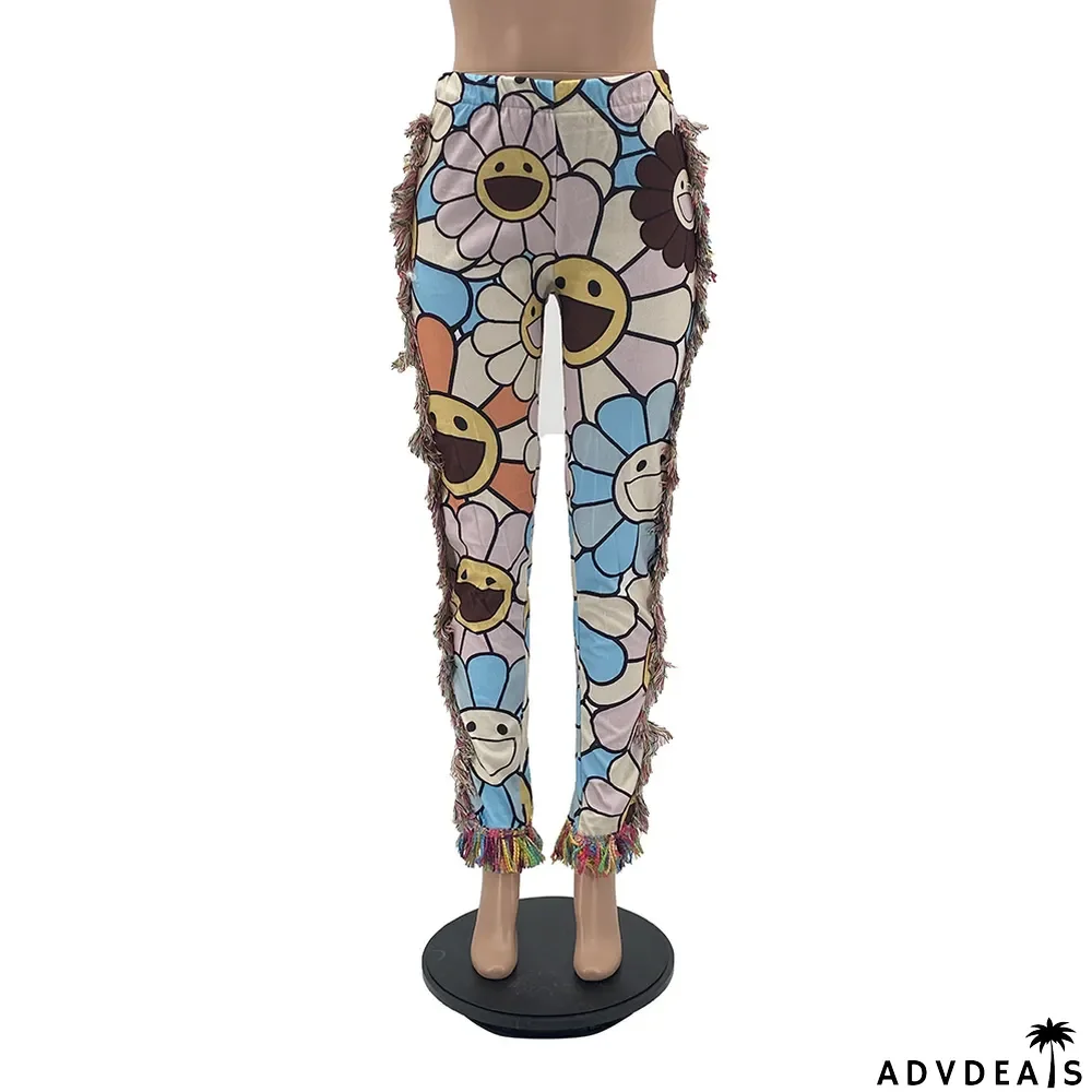 Casual Fashion Color Pattern Fringed Velvet Pants
