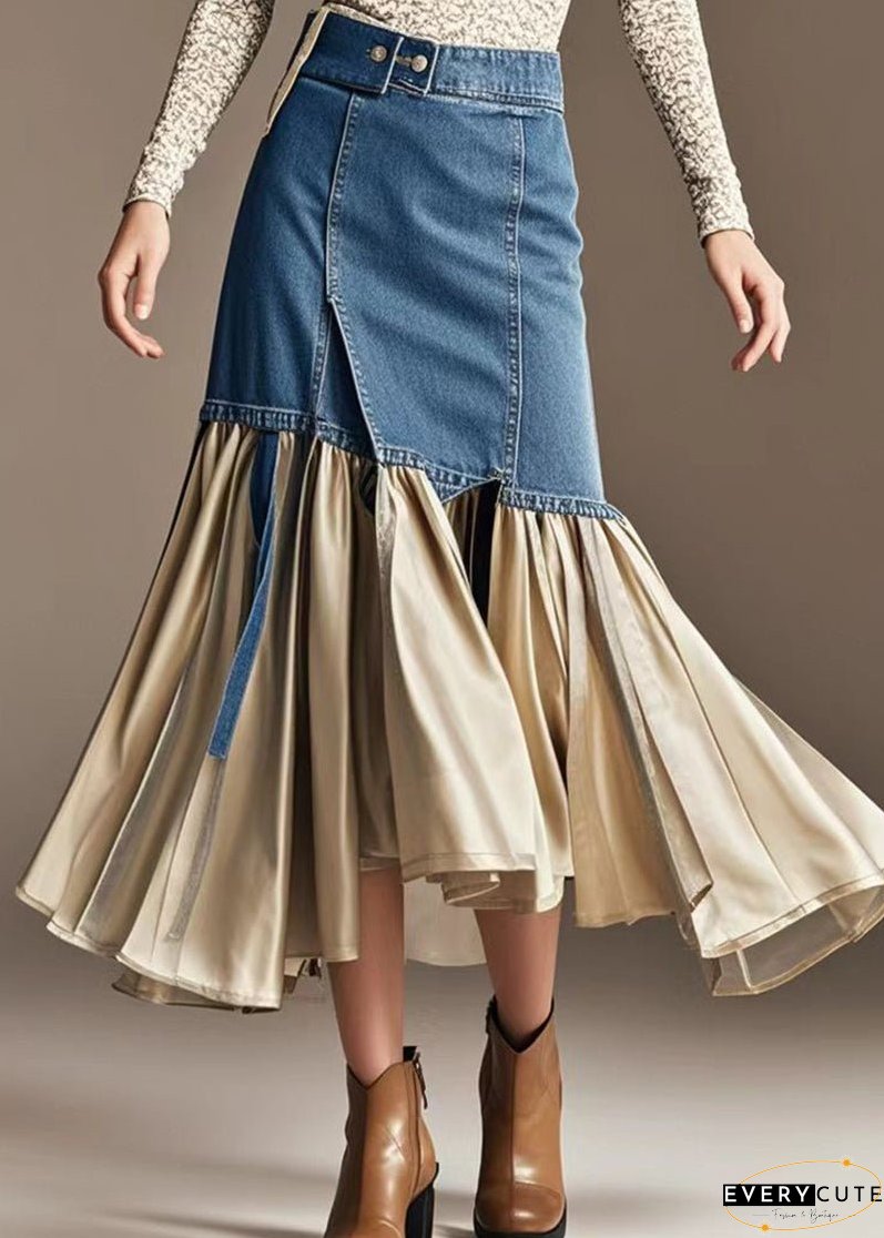 Champagne Patchwork Denim Wraped Skirts Wrinkled Fall