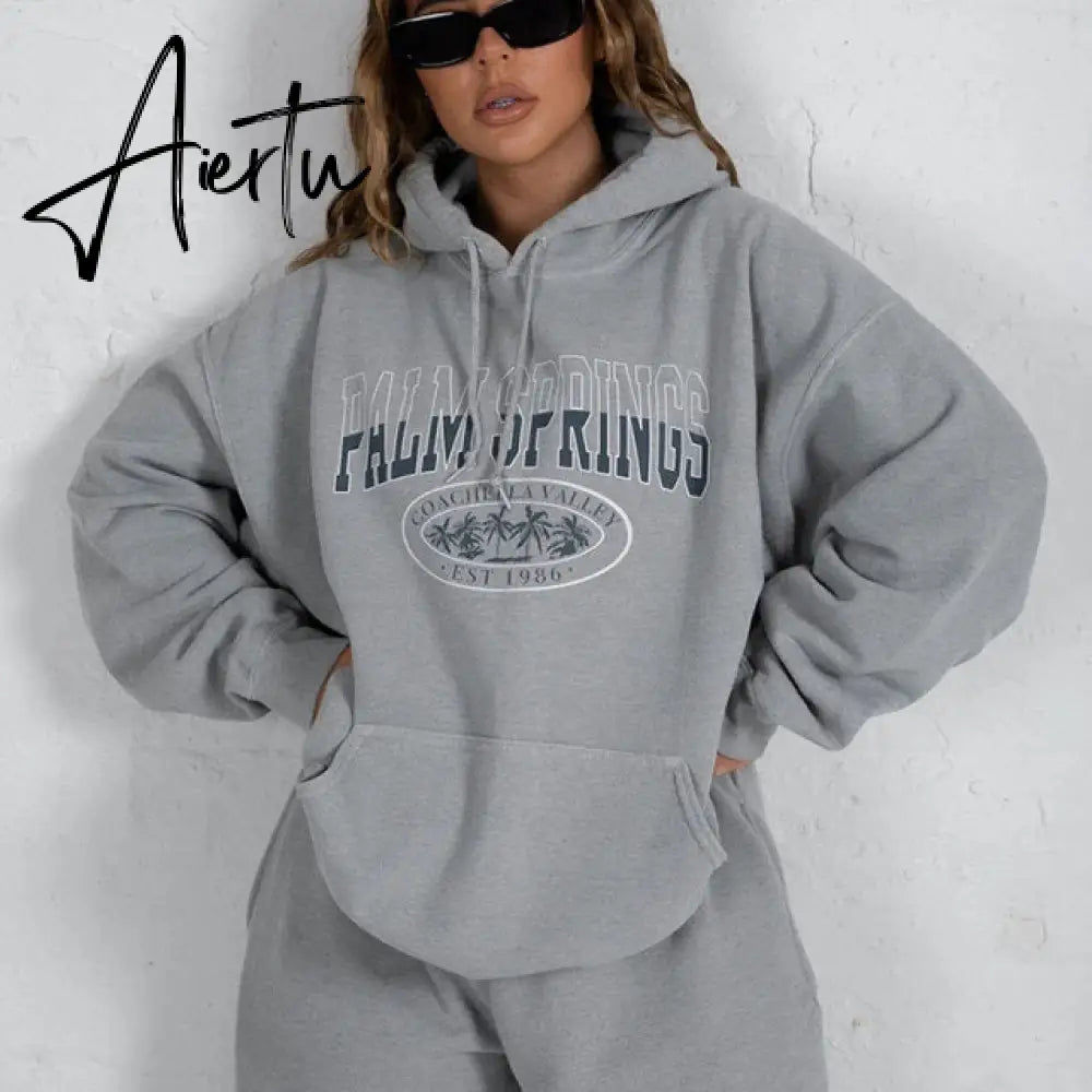 Aiertu Letter Print Sweatshirt Vintage Women Hoodies Gray Cotton Warm Fleece Winter Pullovers Autumn New Casual Streetwear Girls Aiertu
