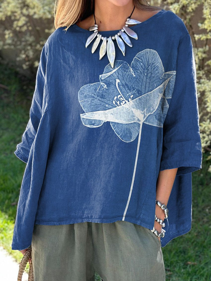Blue Sun Print Floral Art Printed Women's Casual Cotton And Linen Shirt