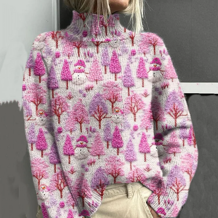 Vintage Pink Christmas Snowman Knitted Turtleneck Sweater