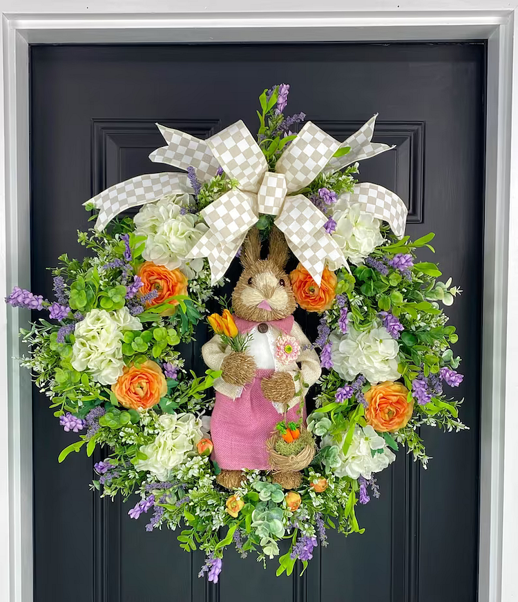 Bunny Easter Wreaths for Front Door, Large Easter Wreath, Floral Spring Wreath