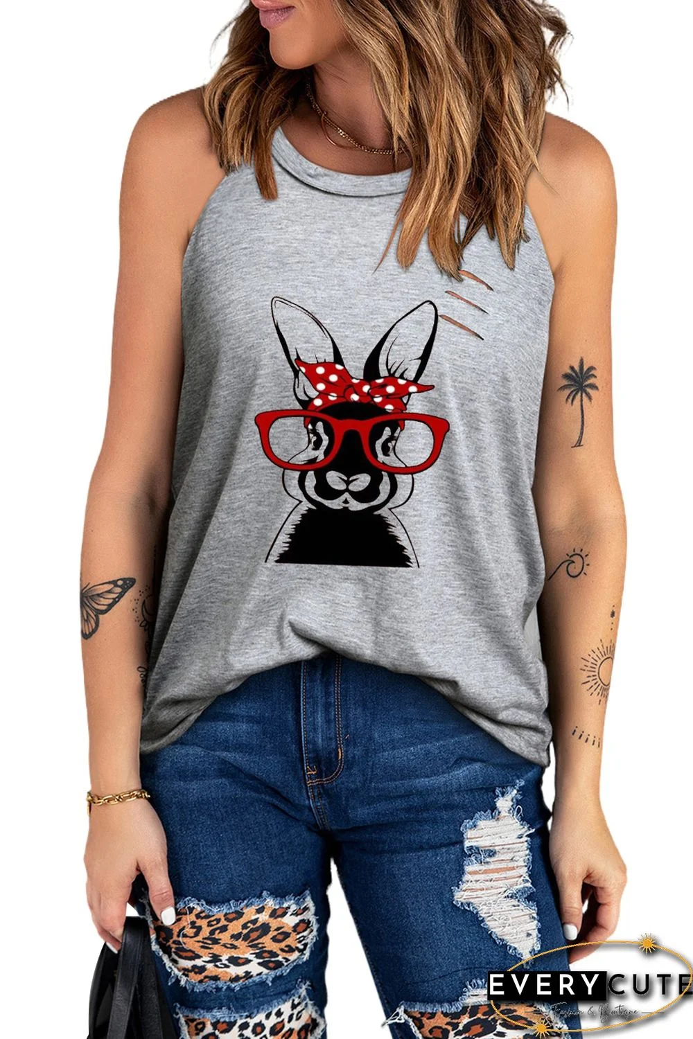 Gray Easter Bunny Print Ripped Crew Neck Tank Top