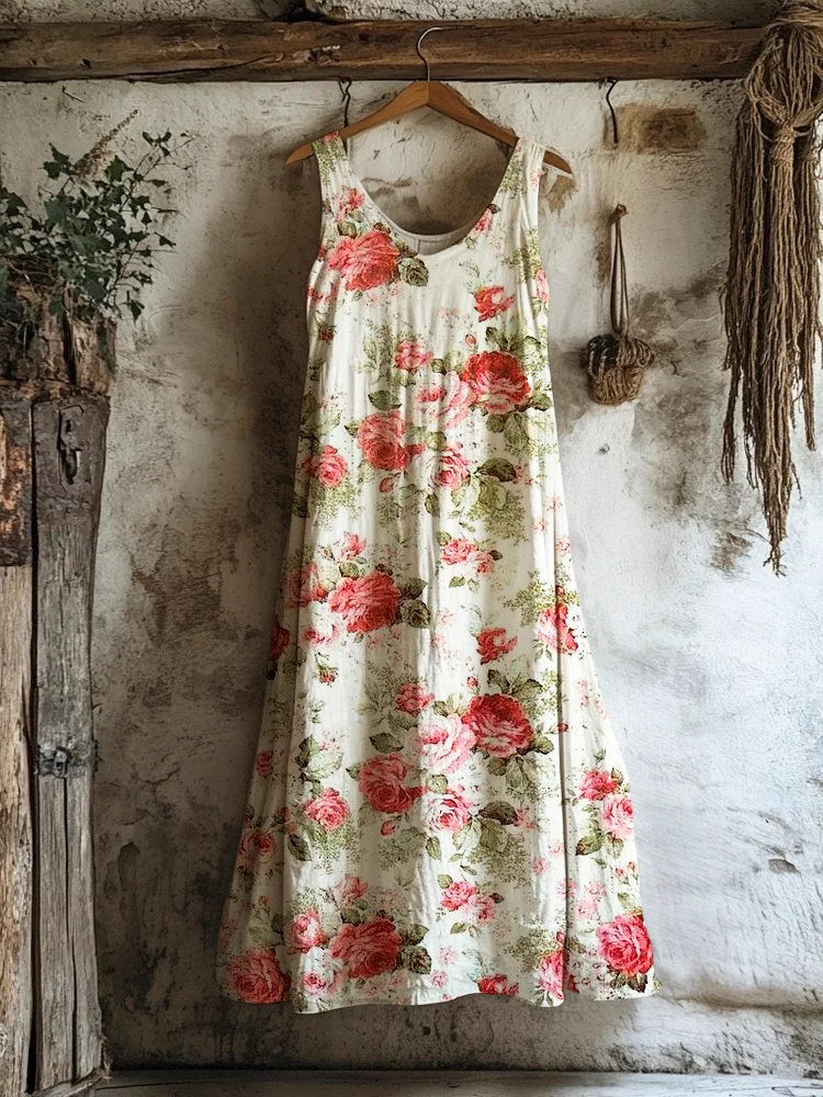 Vintage Rose Print Women's Linen Vest Dress