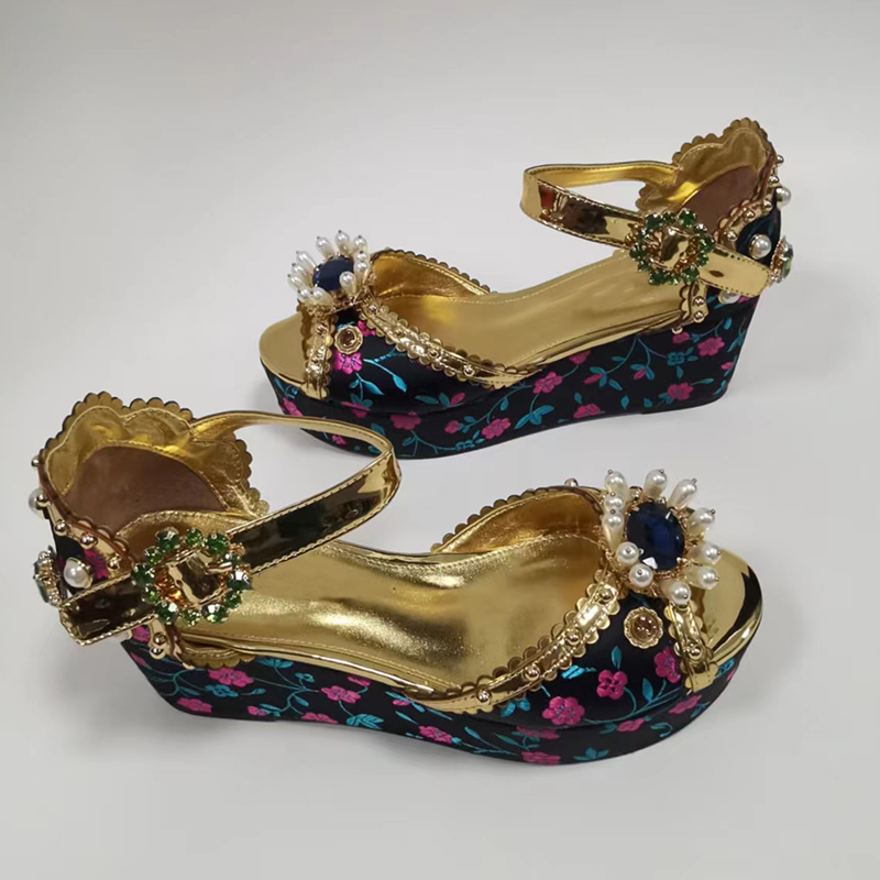 Green Rhinestone Sandals Woman Open Toe Diamond Pearl Flower Platform Wedges High Heels Lady Wedding Shoes