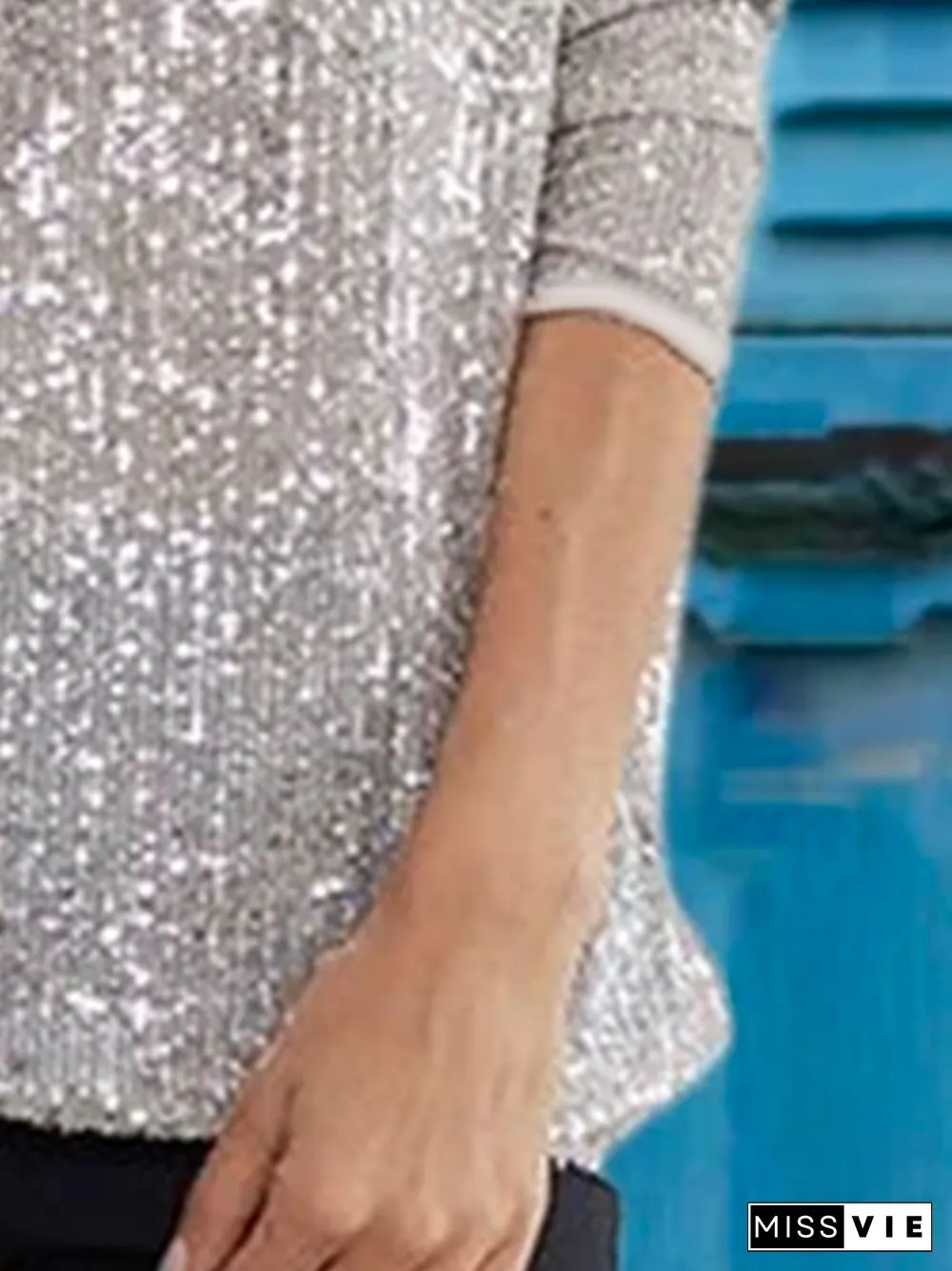 Crew Neck Casual Plain sequins Tops