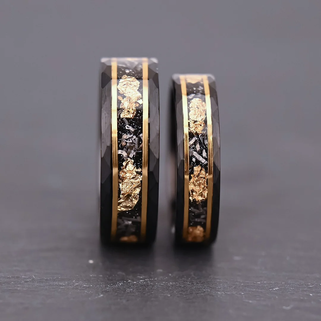 6MM 8MM Tungsten Carbide Wedding Rings Meteorite-set Gold Plate Flat Hammered Electrode Black Ring For Women And Men