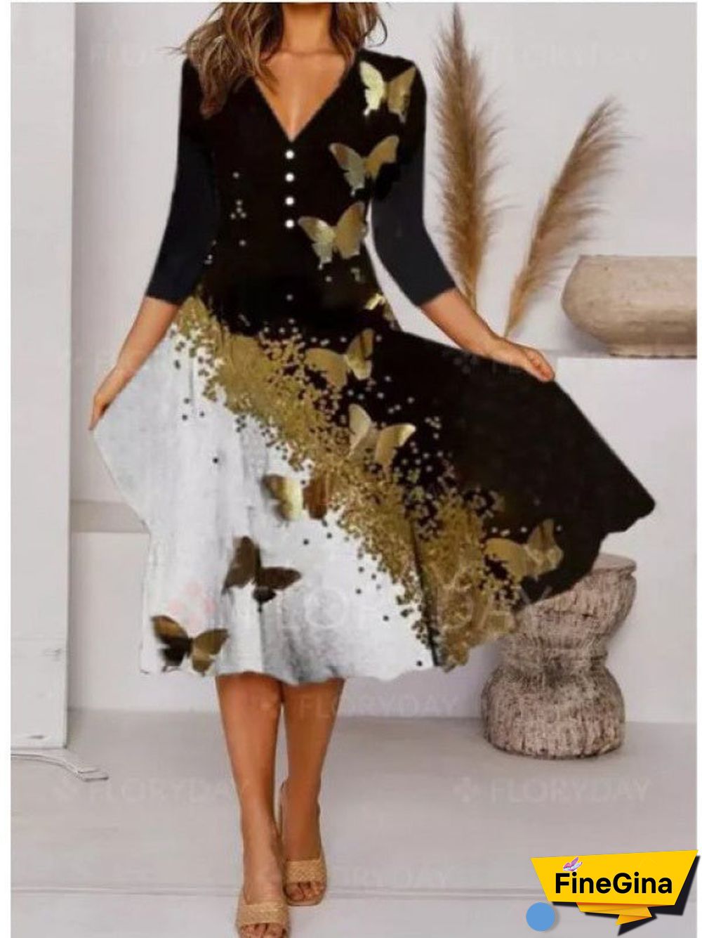 Women's Buttons Butterfly Solid Color Stitching V-neck Long Sleeve Dress