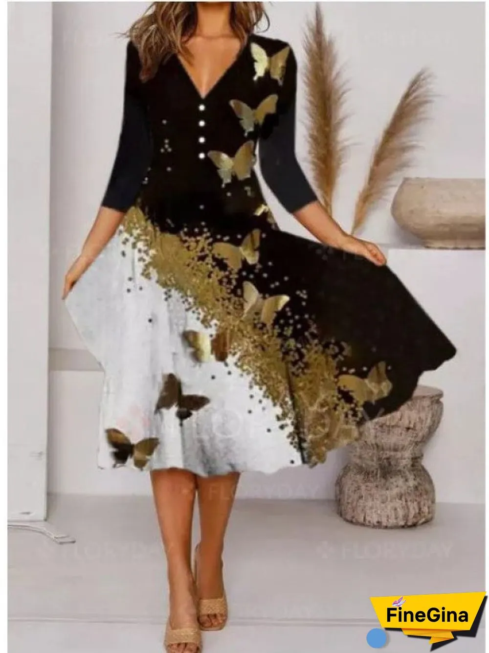 Women's Buttons Butterfly Solid Color Stitching V-neck Long Sleeve Dress