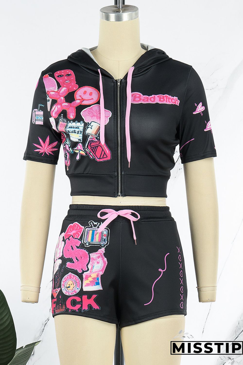 Green Casual Street Print Patchwork Zipper Hooded Collar Short Sleeve Two Pieces