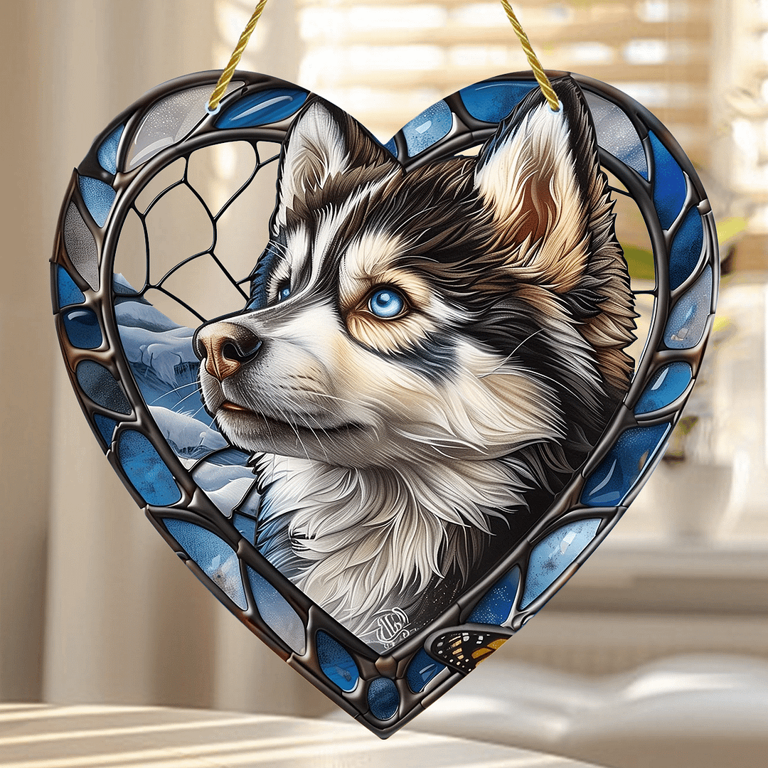 Blue Heart Husky Stained Art Ornament (8 inches) 
