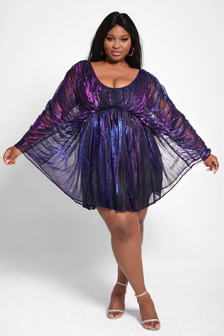 Xpluswear Design Plus Size Cocktail Party Batwing Sleeves Iridescent Pleated Metallic Reflective Summer Sun Mini Dress
