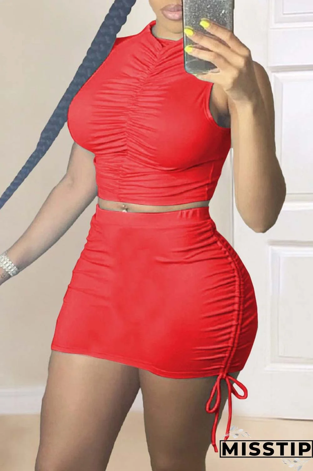 Red Sexy Casual Solid Backless O Neck Sleeveless Two Pieces