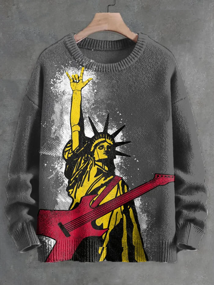Men's Rock and Roll Statue of Liberty Print Knit Sweatshirt